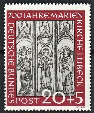 FRIMÆRKER VESTTYSKL. BUND: 1951 | AFA 1103 | Lübeck Mariekirke 700 års jubilæum - 20 + 5 pf. mørk karmin/grå - Postfrisk